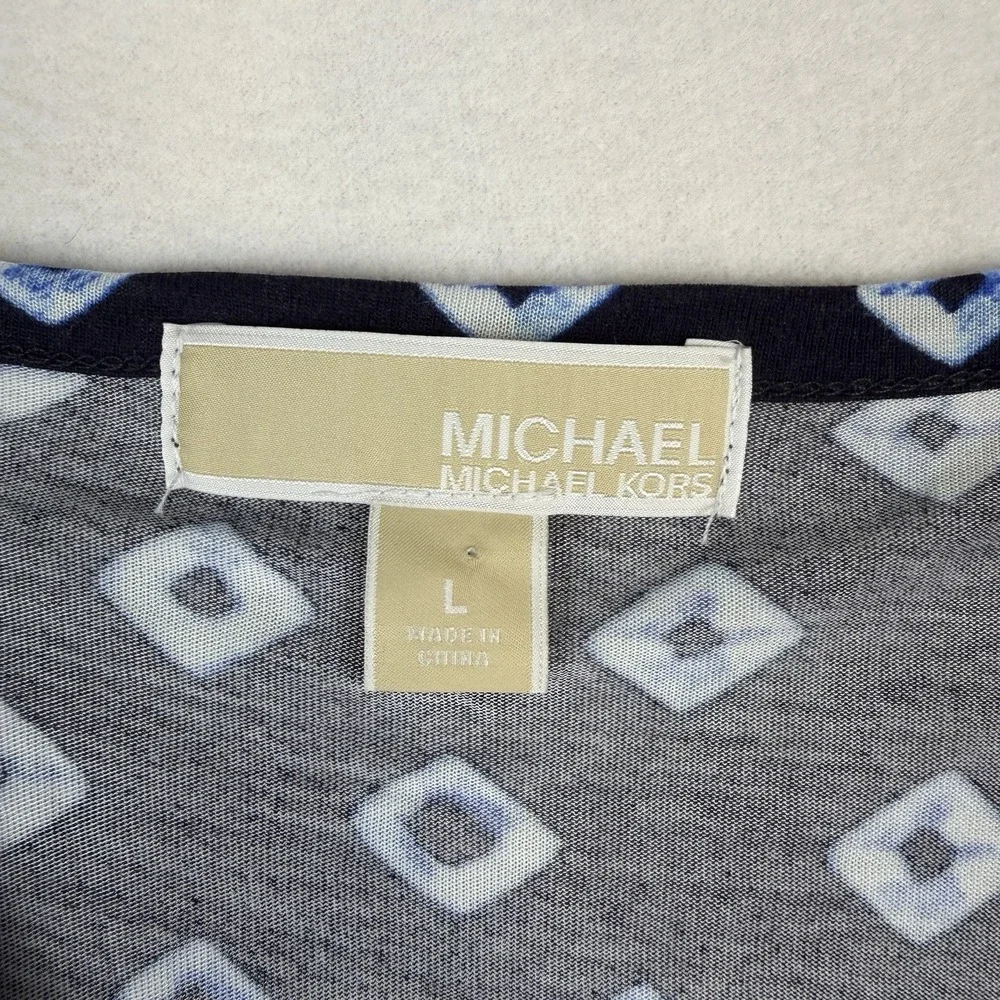 Michael Kors Sleeveless Top Womens Large Blue White Geometric Print Cowl-Neck
